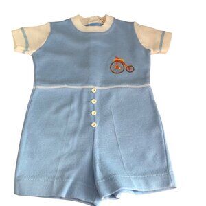 Vintage 60s Renro Romper size 3T Blue White Embroidered Made in Italy NEW
